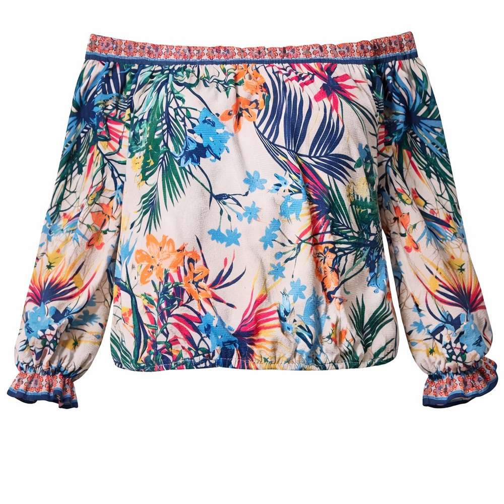 Flying Tomato Cream Off-Shoulder Tropical Floral Blouse